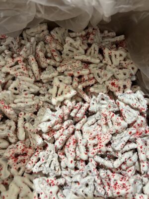 Yogurt Covered Christmas Tree Pretzels with Peppermint in a Box